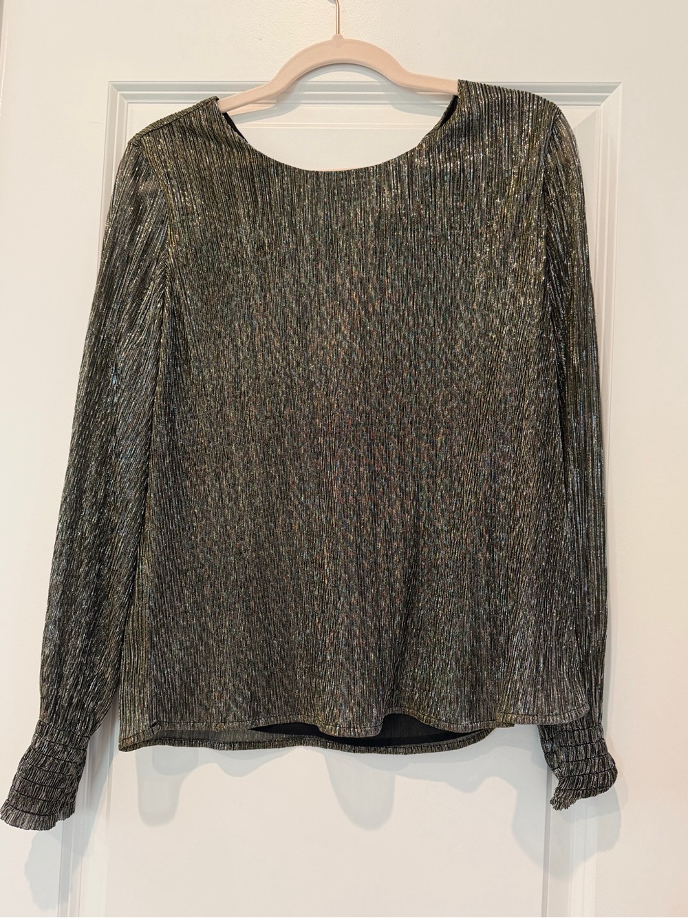 Banana Republic Metallic Gunmetal Long-Sleeve Pleated Blouse